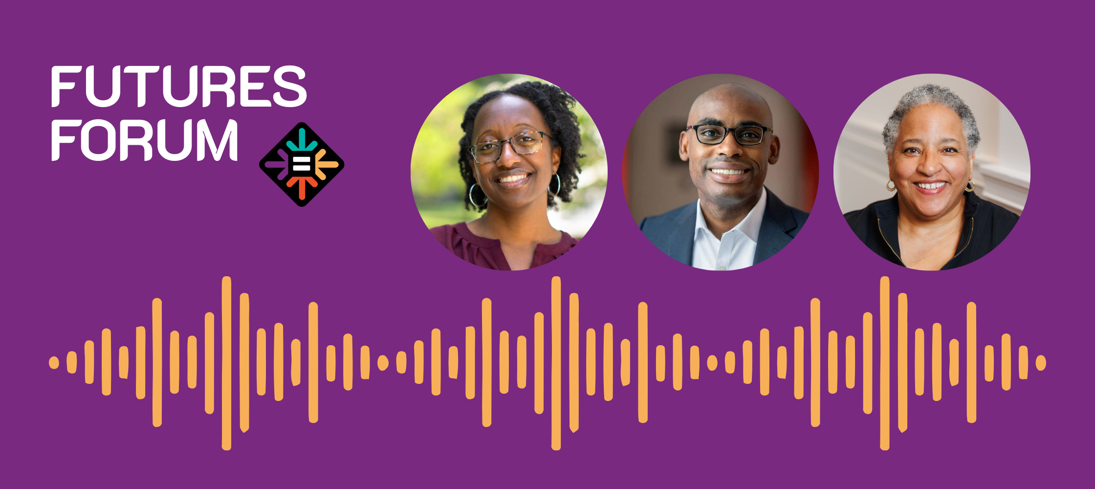 The three authors appear in circular frames with a graphic of sound waves and the cover of Keisha Blain's book, Without Fear.